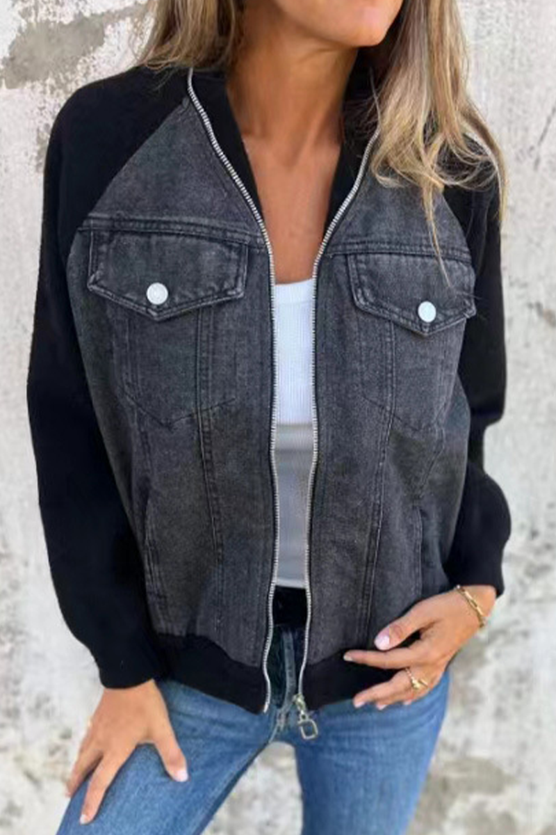 Begoña® | Casual outerwear with a solid color patchwork zipper and contrast turn-down collar