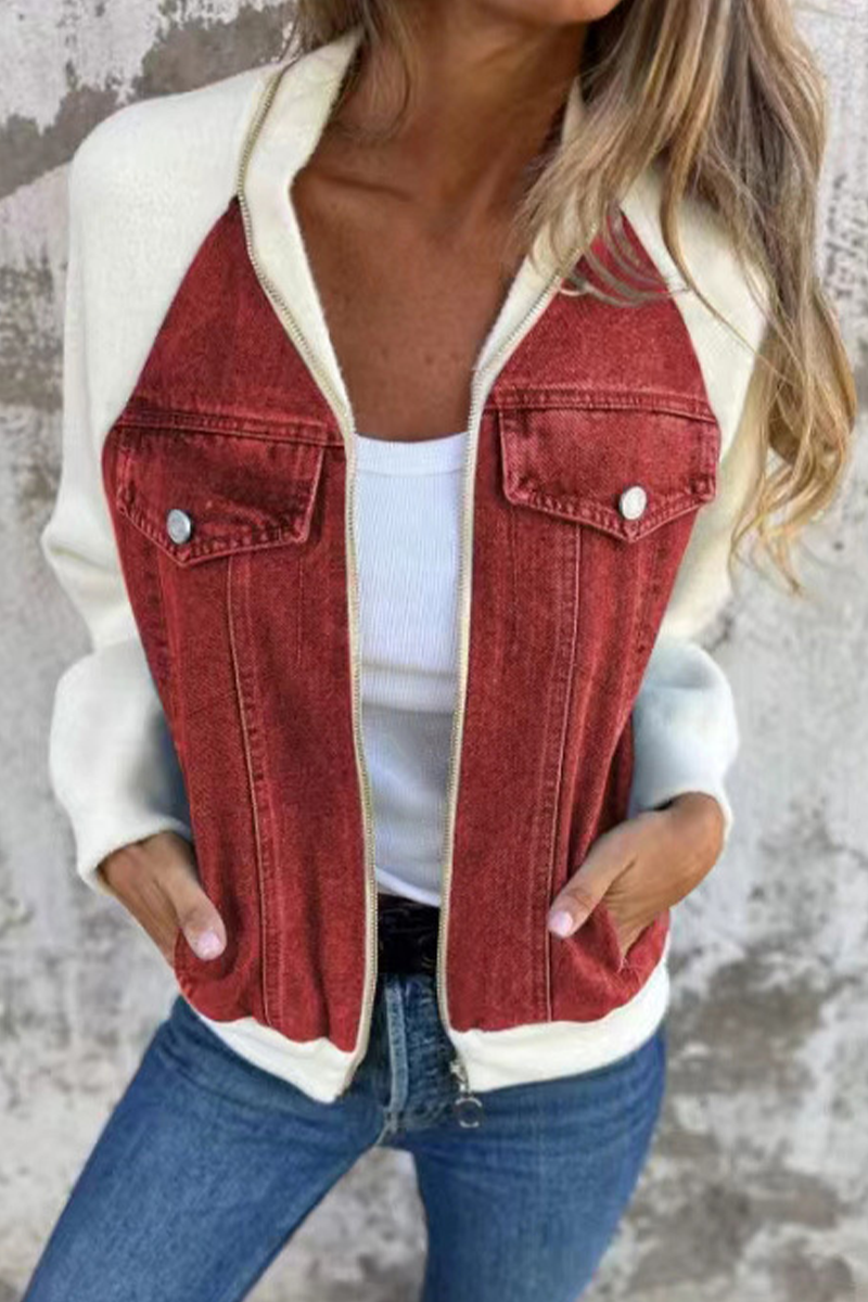 Begoña® | Casual outerwear with a solid color patchwork zipper and contrast turn-down collar