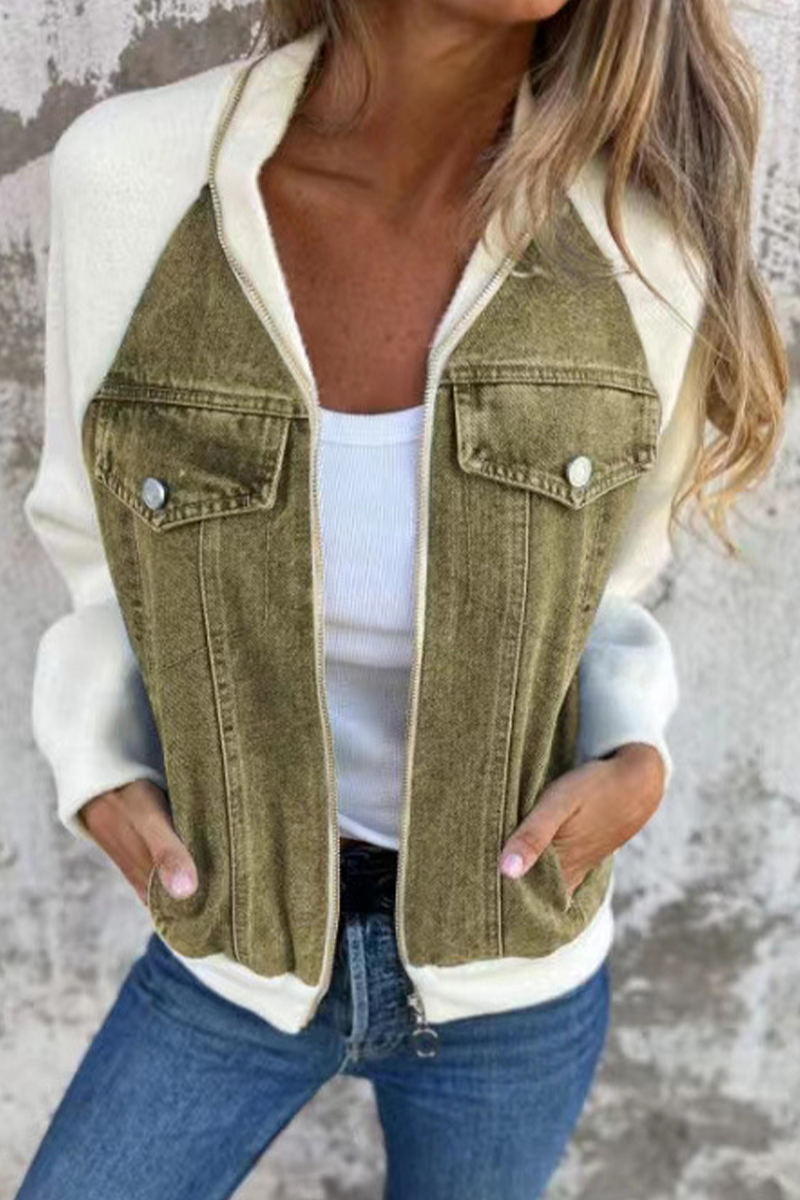 Begoña® | Casual outerwear with a solid color patchwork zipper and contrast turn-down collar