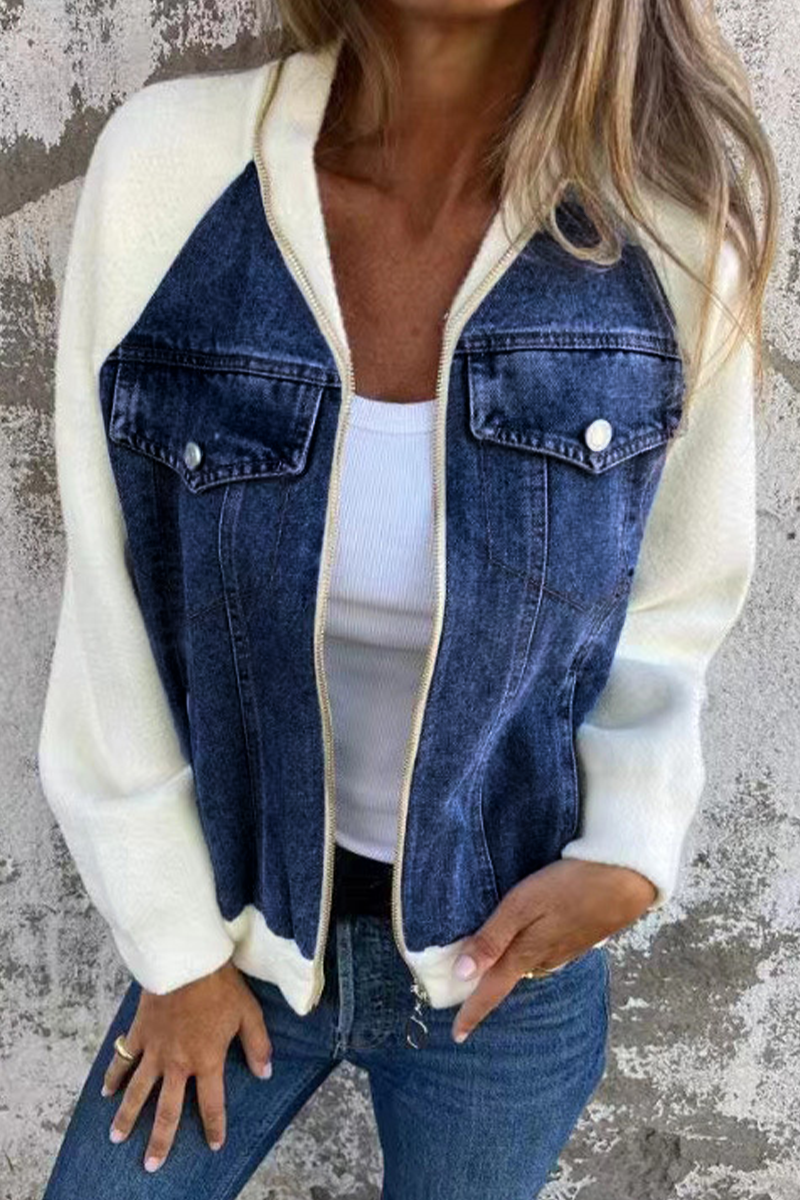 Begoña® | Casual outerwear with a solid color patchwork zipper and contrast turn-down collar