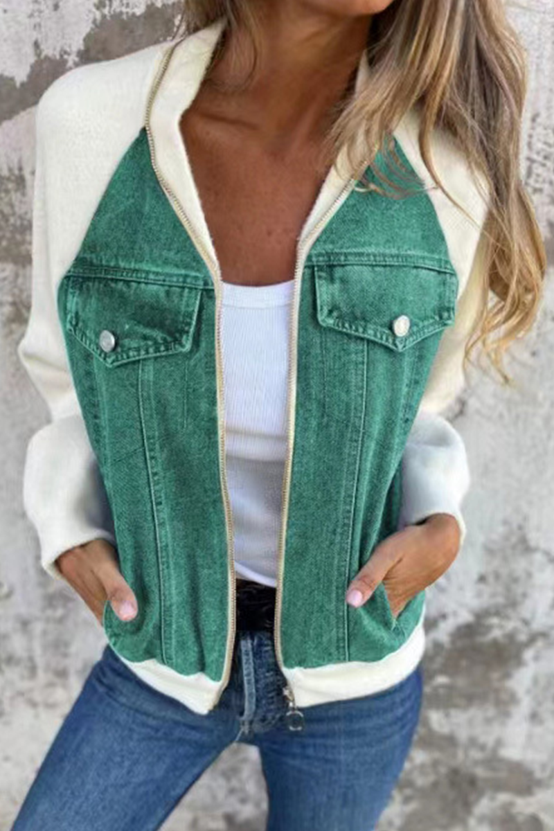 Begoña® | Casual outerwear with a solid color patchwork zipper and contrast turn-down collar
