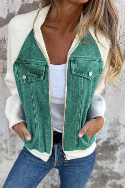 Begoña® | Casual outerwear with a solid color patchwork zipper and contrast turn-down collar