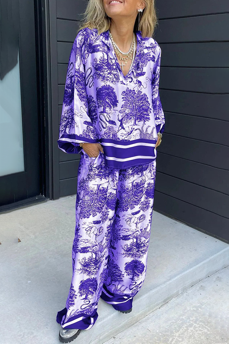 Beatriz® | Casual street floral print, distressed drawstring pocket, V-neck, long sleeves, two-piece