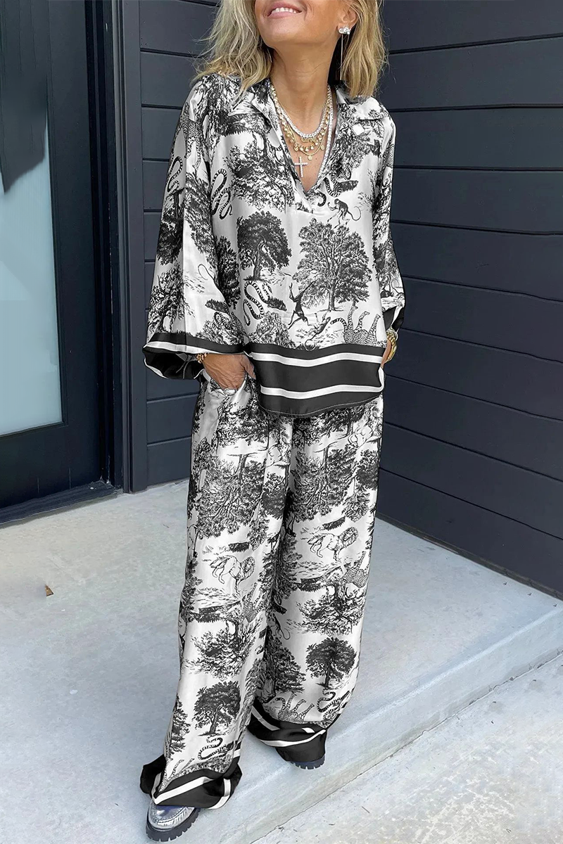 Beatriz® | Casual street floral print, distressed drawstring pocket, V-neck, long sleeves, two-piece