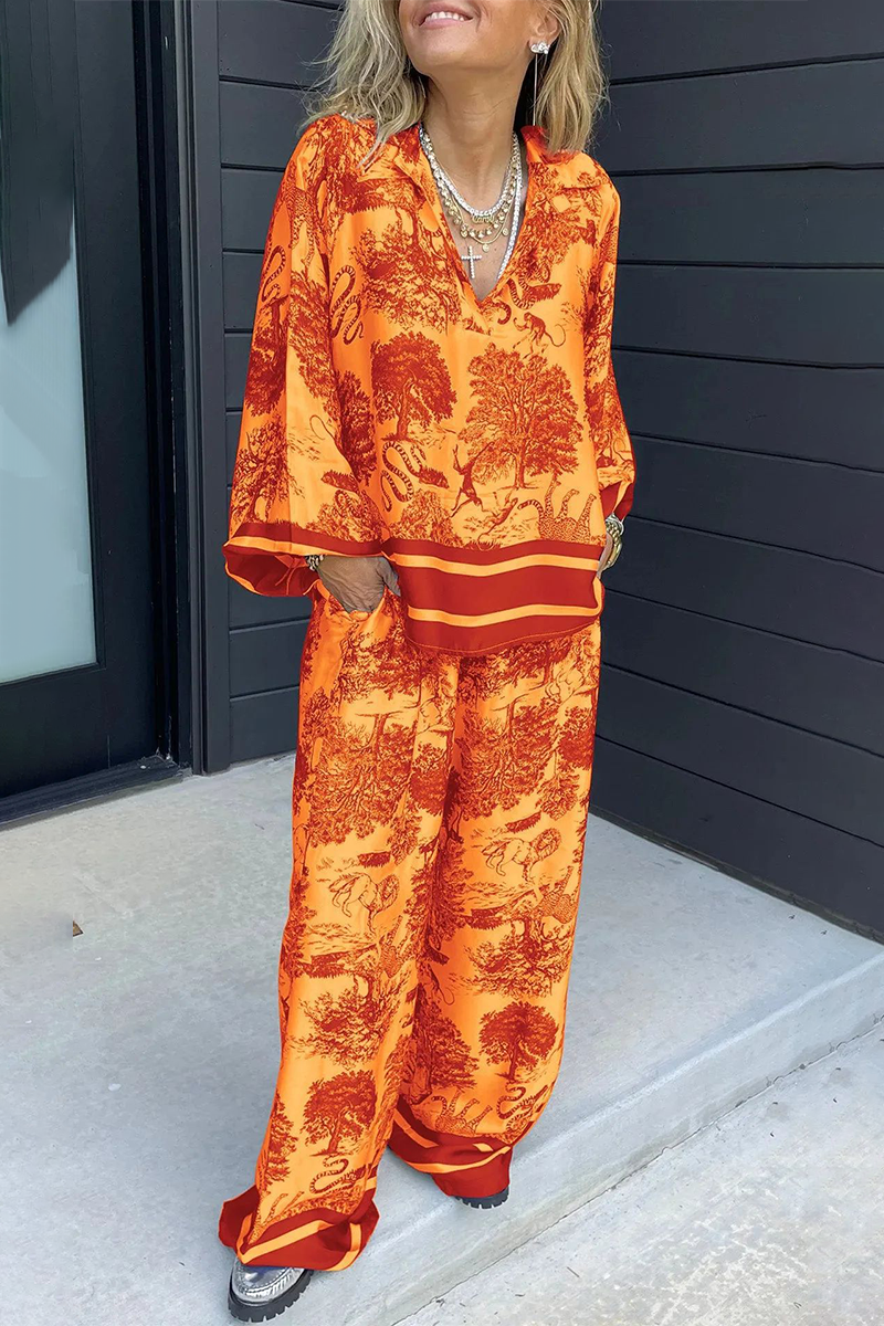 Beatriz® | Casual street floral print, distressed drawstring pocket, V-neck, long sleeves, two-piece
