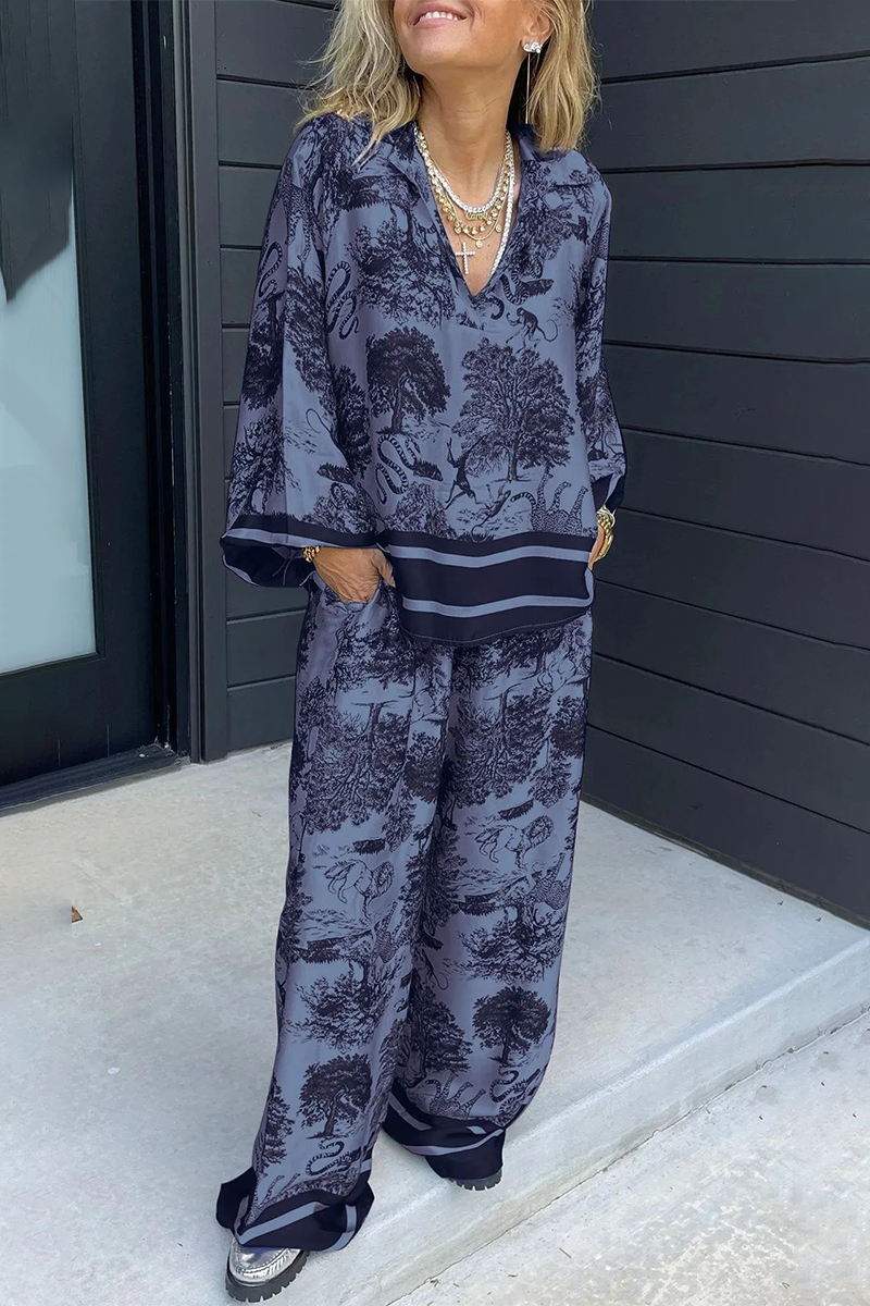 Beatriz® | Casual street floral print, distressed drawstring pocket, V-neck, long sleeves, two-piece