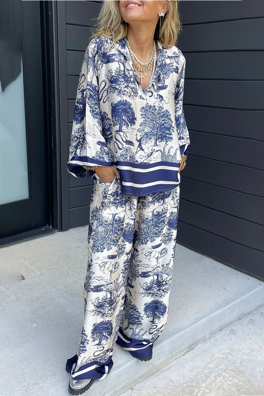 Beatriz® | Casual street floral print, distressed drawstring pocket, V-neck, long sleeves, two-piece