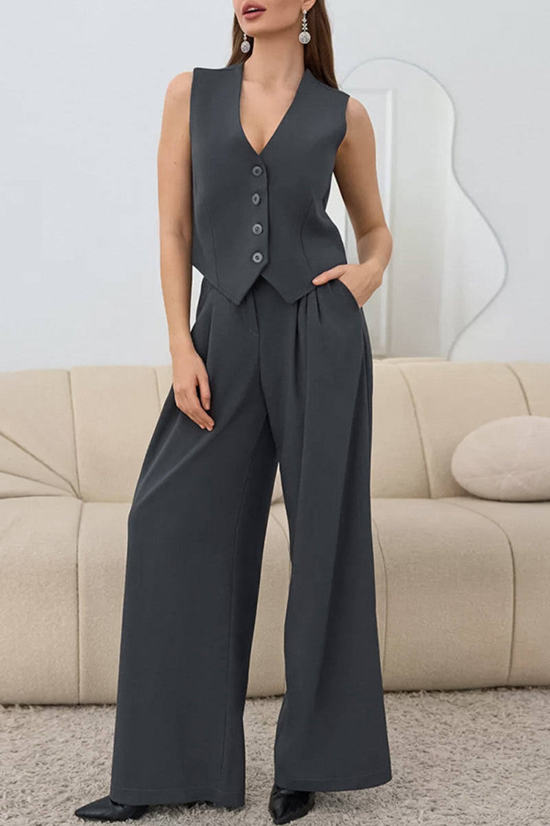 Chloe® | Casual Daily Solid Color Buckle Ruched V Neck Sleeveless Two Piece Set