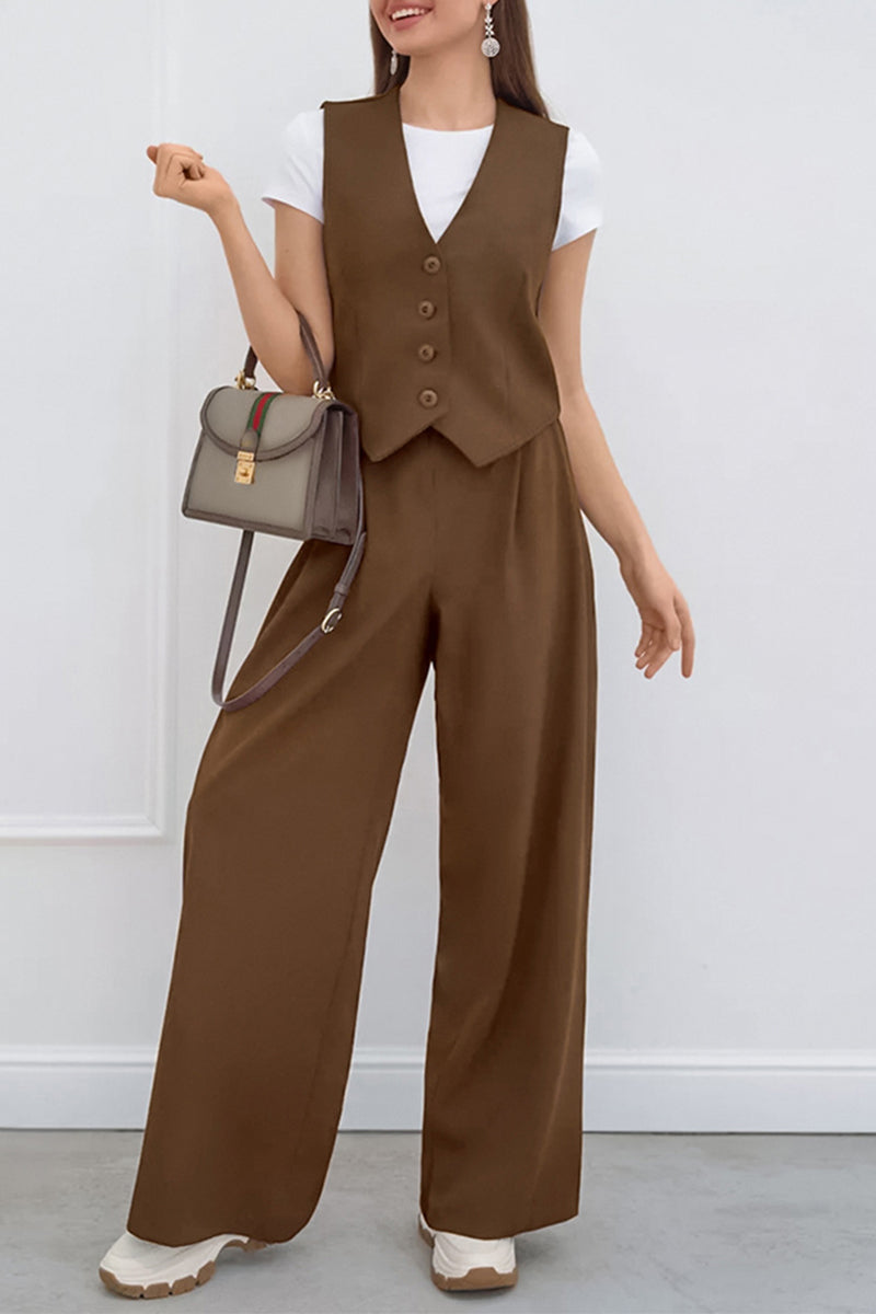 Chloe® | Casual Daily Solid Color Buckle Ruched V Neck Sleeveless Two Piece Set