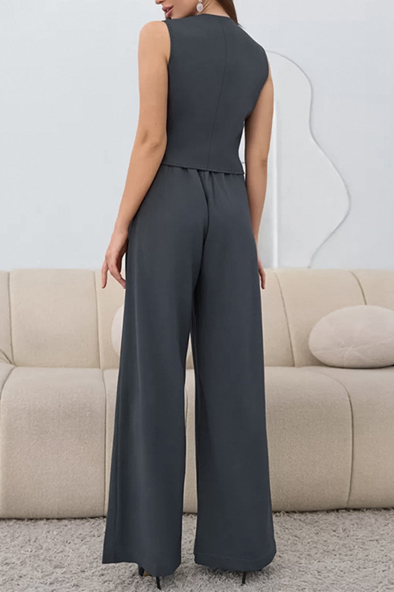 Chloe® | Casual Daily Solid Color Buckle Ruched V Neck Sleeveless Two Piece Set