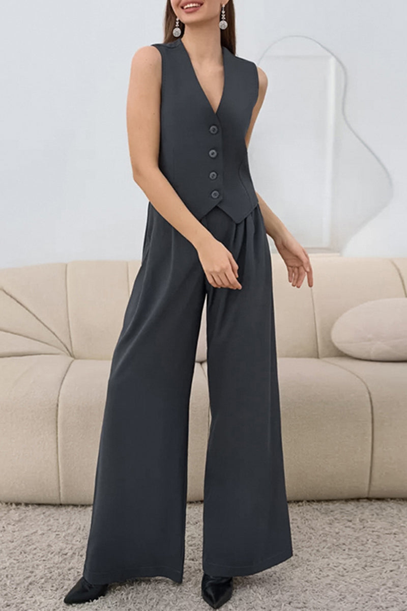 Chloe® | Casual Daily Solid Color Buckle Ruched V Neck Sleeveless Two Piece Set