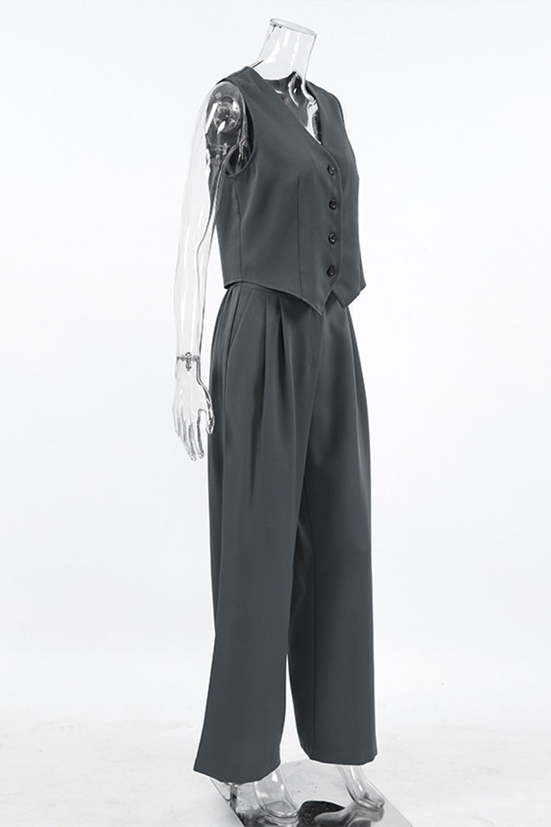 Chloe® | Casual Daily Solid Color Buckle Ruched V Neck Sleeveless Two Piece Set