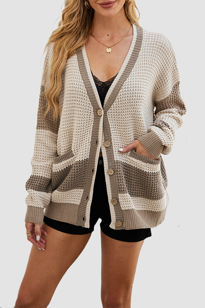 Belén® | Casual daily color block outerwear with pocket buttons and V-neck