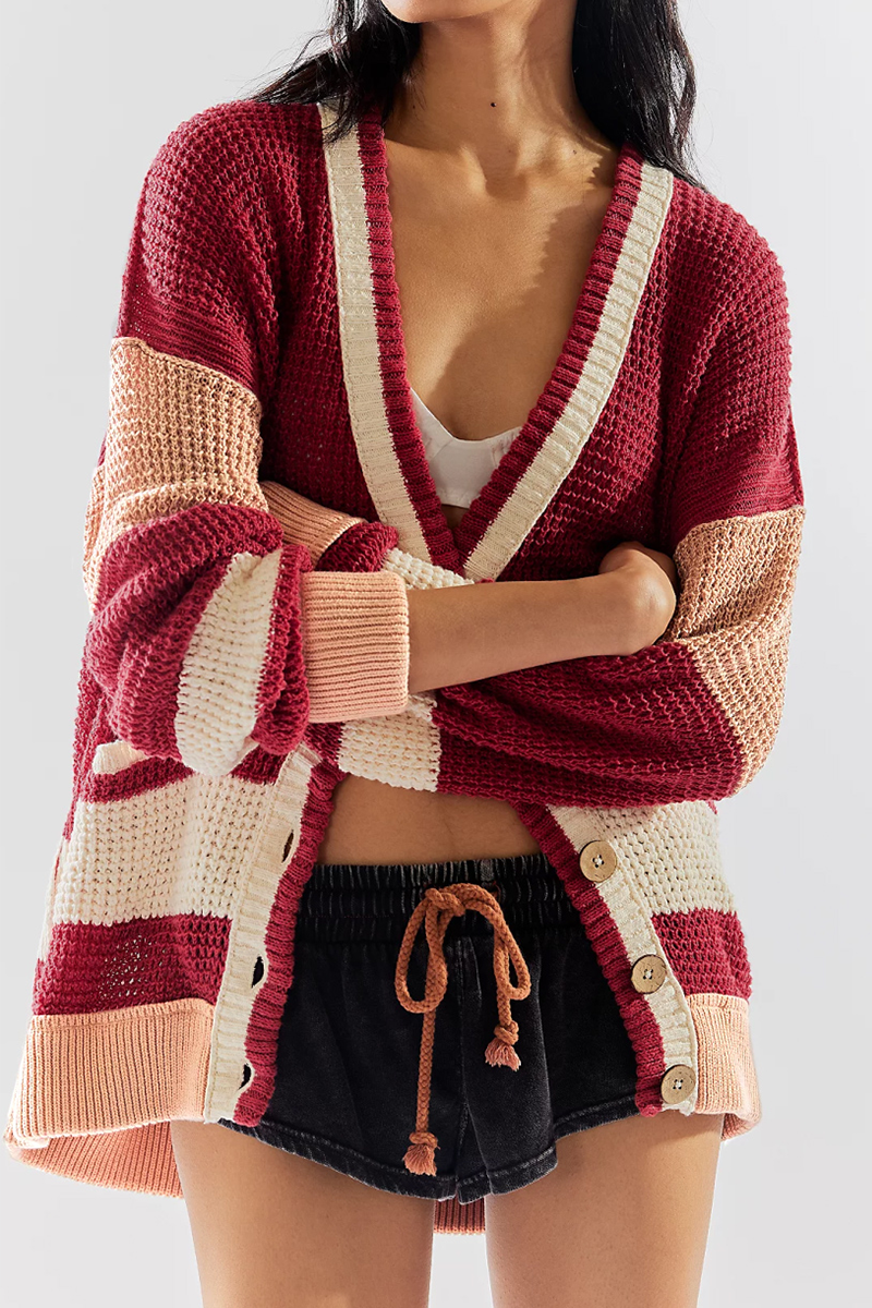 Belén® | Casual daily color block outerwear with pocket buttons and V-neck