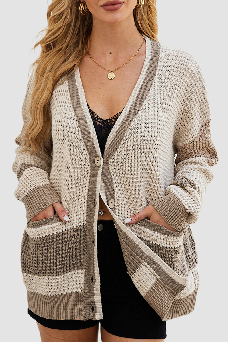 Belén® | Casual daily color block outerwear with pocket buttons and V-neck