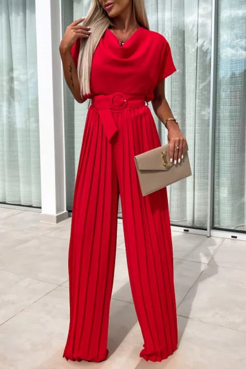 Ella® | Casual Solid Color Loose Jumpsuits with Belt, Pleated Pile and Pile Collar (3 Colors)