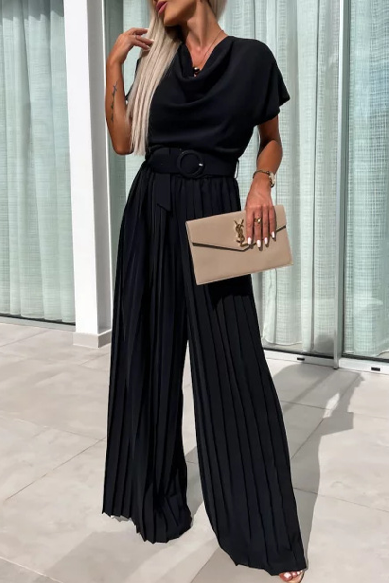 Ella® | Casual Solid Color Loose Jumpsuits with Belt, Pleated Pile and Pile Collar (3 Colors)