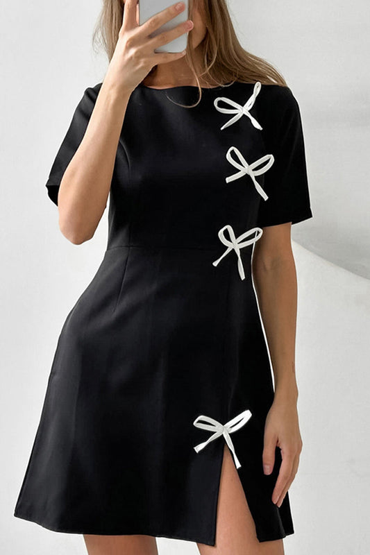 Charlotte® | Daily solid color short sleeve slit bow decor short sleeve O-neck dress
