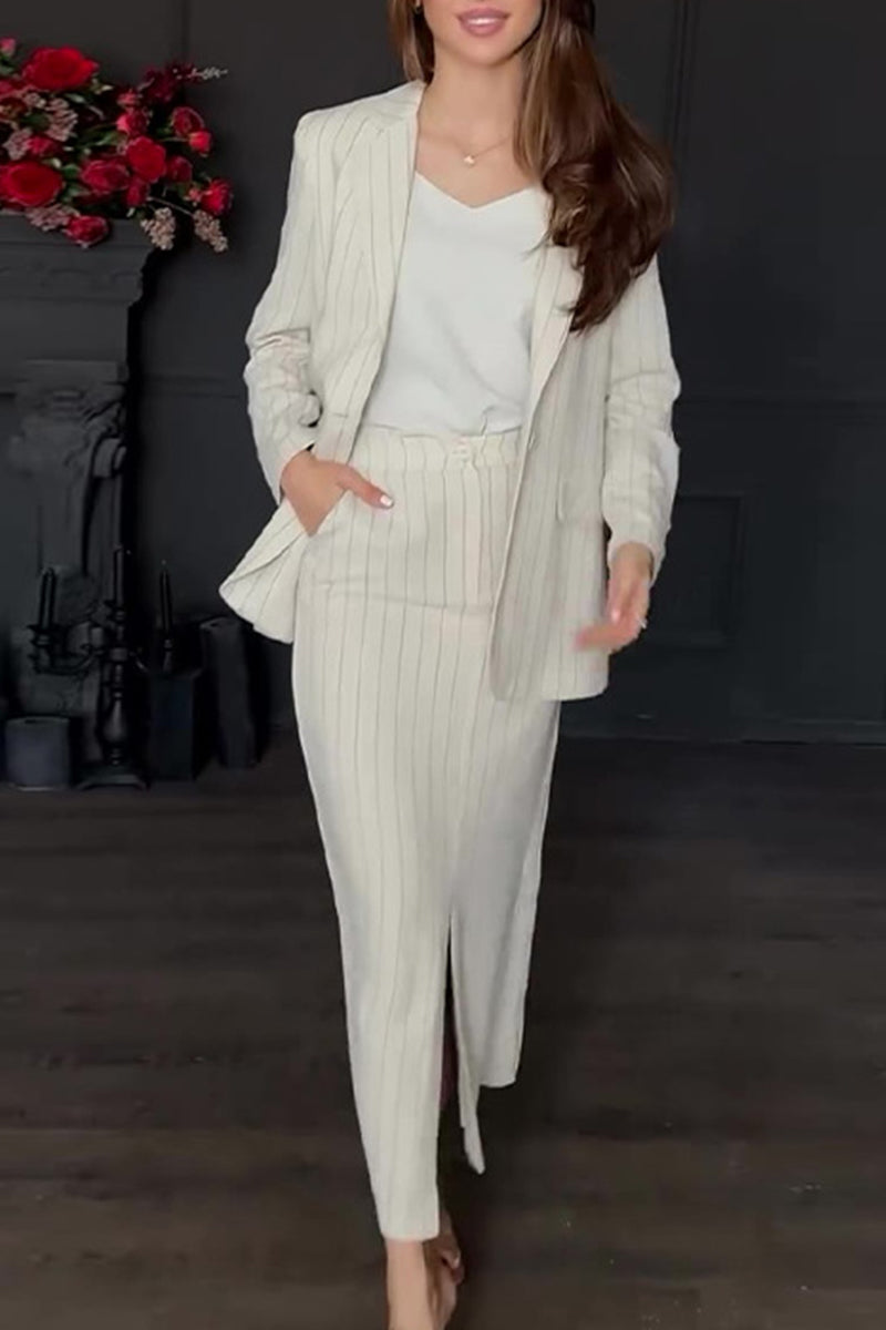 Bieke® | Elegant striped print, buttons, slit, turn-down collar, long sleeves, two piece suit