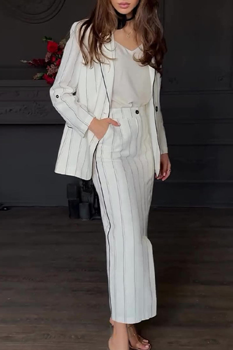 Bieke® | Elegant striped print, buttons, slit, turn-down collar, long sleeves, two piece suit