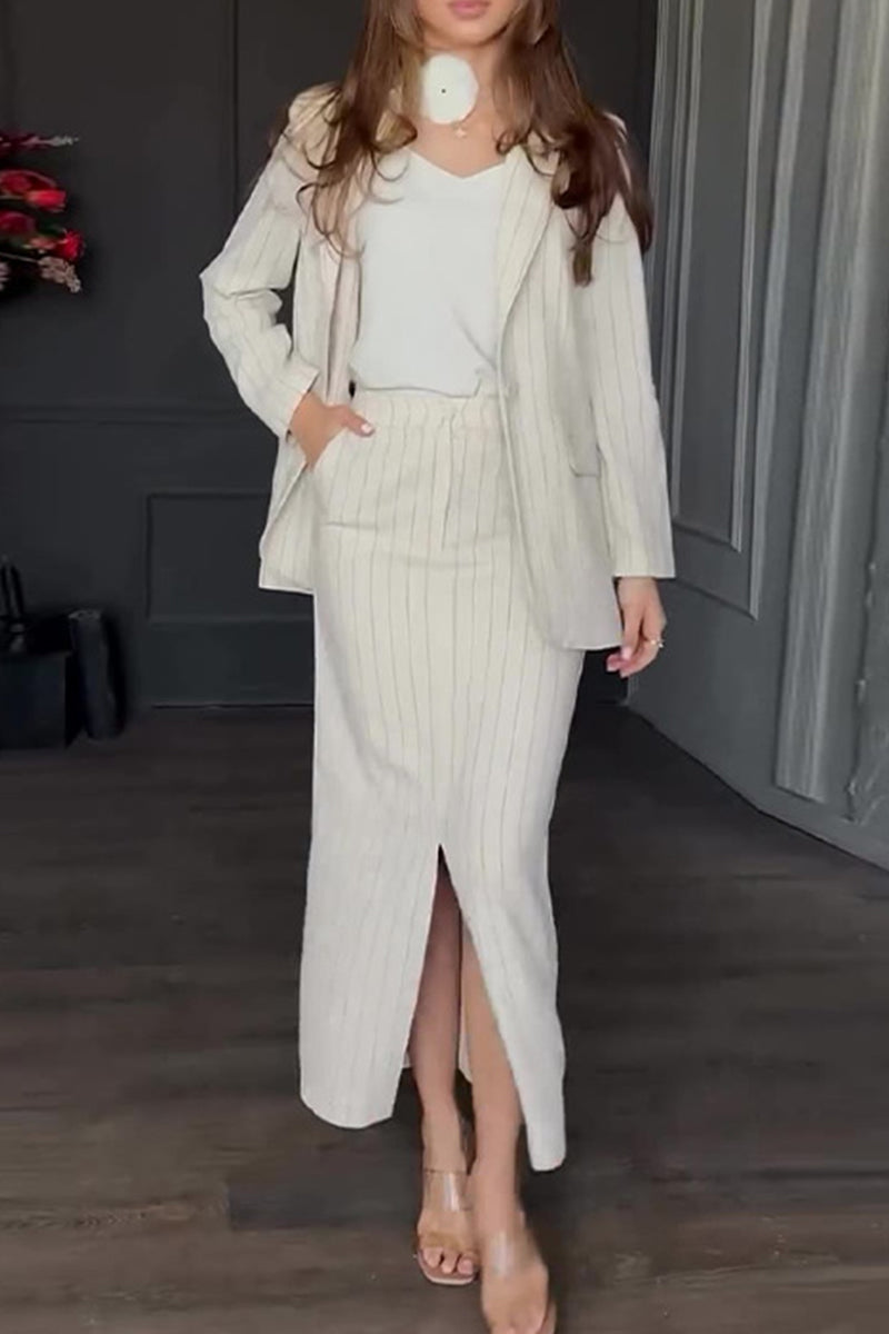 Bieke® | Elegant striped print, buttons, slit, turn-down collar, long sleeves, two piece suit