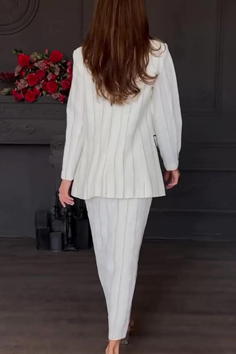 Bieke® | Elegant striped print, buttons, slit, turn-down collar, long sleeves, two piece suit