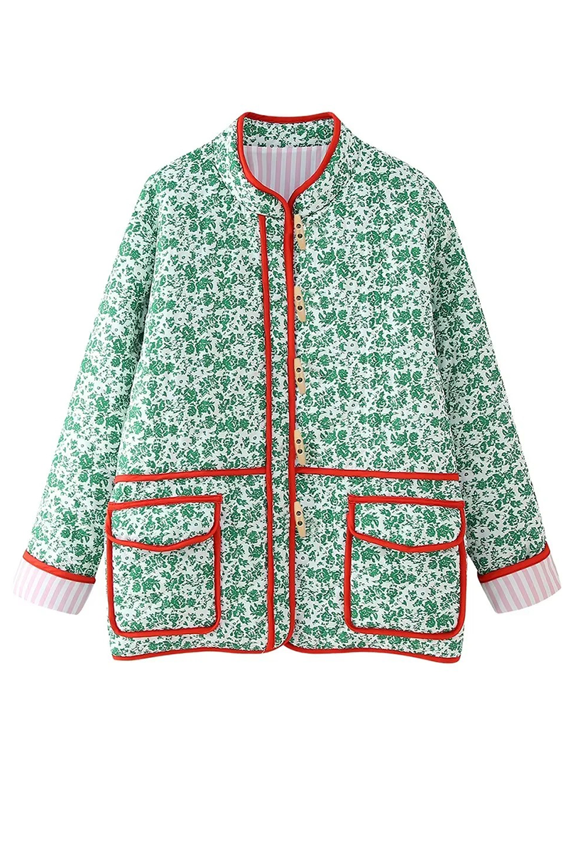 Birgit® | Casual floral print outerwear with pocket patchwork contrast O-neck