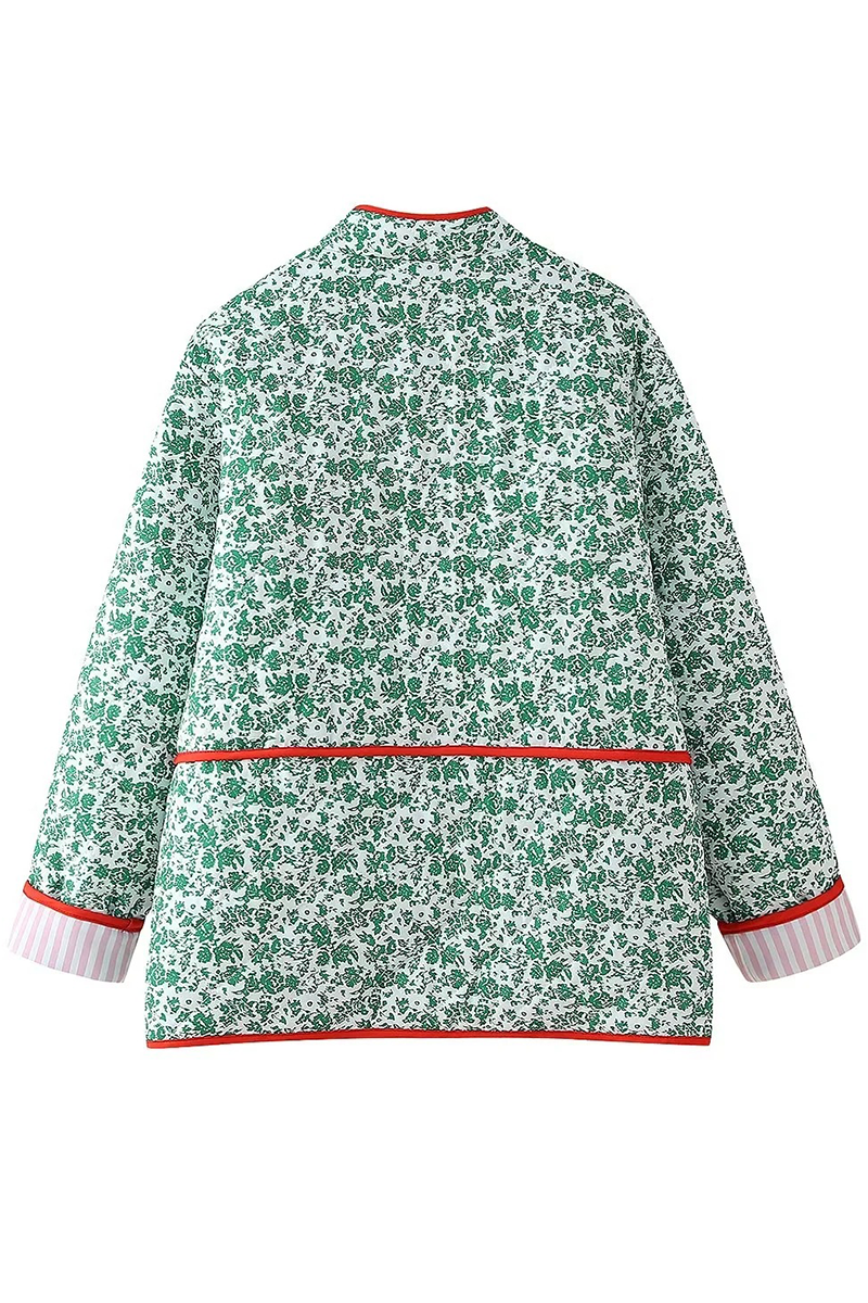 Birgit® | Casual floral print outerwear with pocket patchwork contrast O-neck