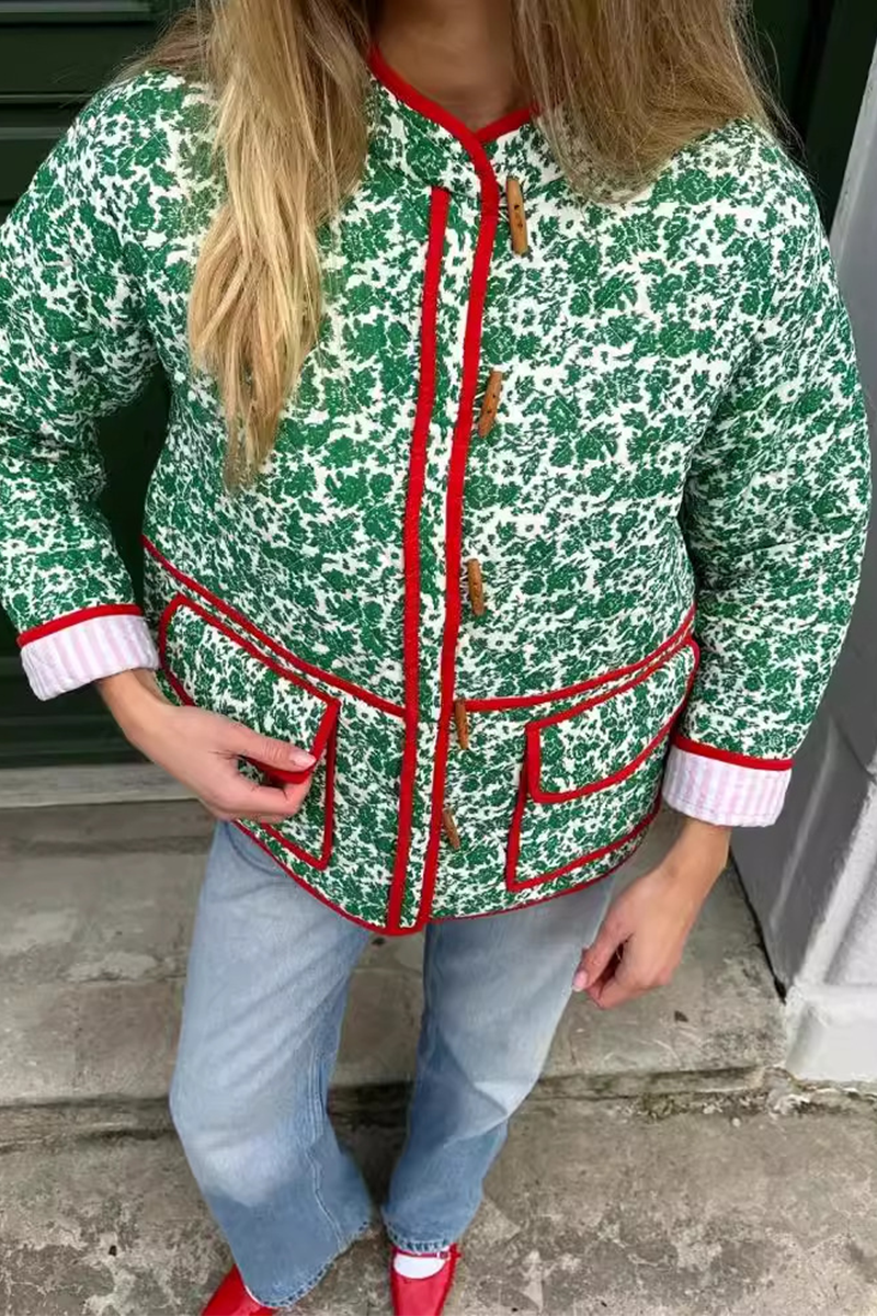 Birgit® | Casual floral print outerwear with pocket patchwork contrast O-neck