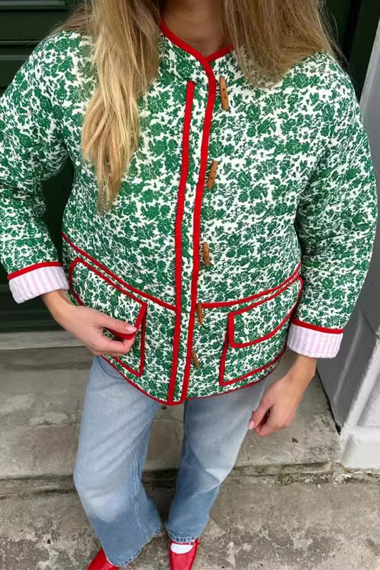 Birgit® | Casual floral print outerwear with pocket patchwork contrast O-neck