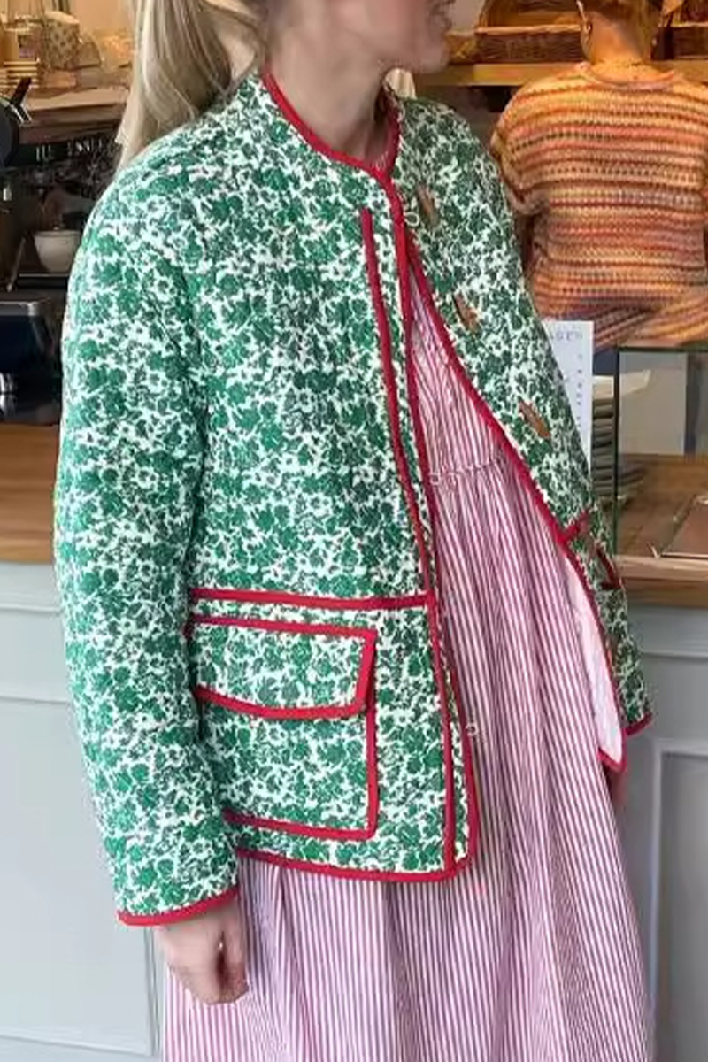 Birgit® | Casual floral print outerwear with pocket patchwork contrast O-neck
