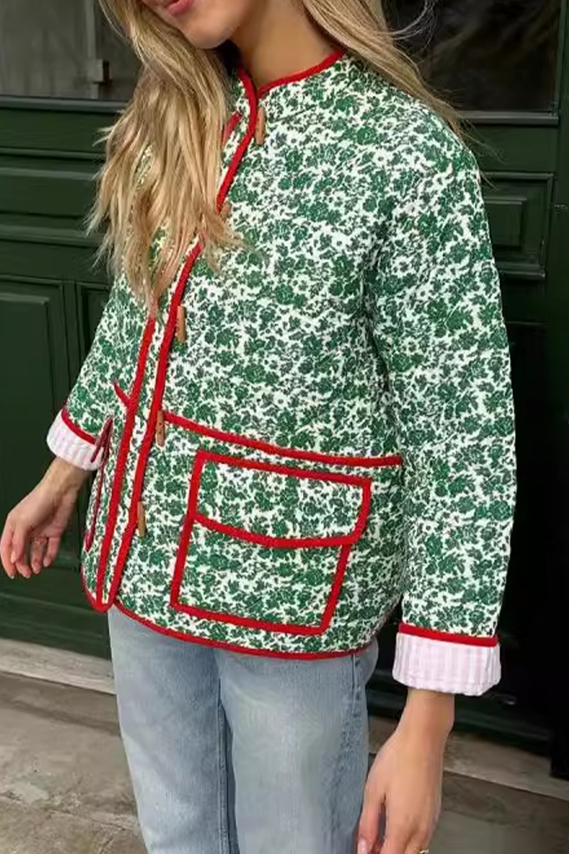 Birgit® | Casual floral print outerwear with pocket patchwork contrast O-neck