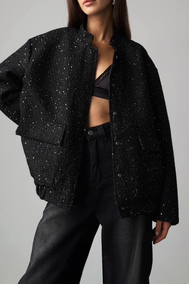 Brigida® | Casual everyday outerwear with solid color sequins, patchwork and stand-up collar