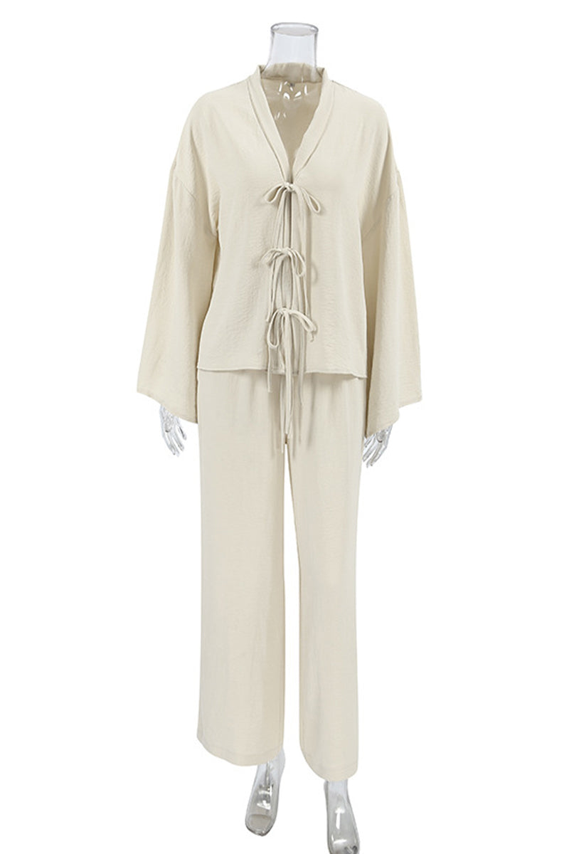 Blythe® | Casual, daily, solid color two-piece suit with pockets and lace-up, V-neck and long sleeves