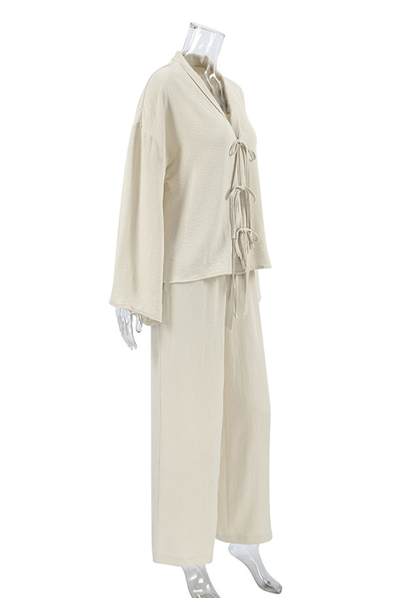 Blythe® | Casual, daily, solid color two-piece suit with pockets and lace-up, V-neck and long sleeves