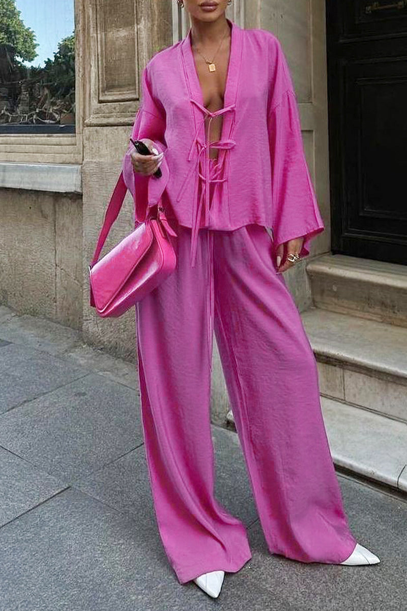 Blythe® | Casual, daily, solid color two-piece suit with pockets and lace-up, V-neck and long sleeves