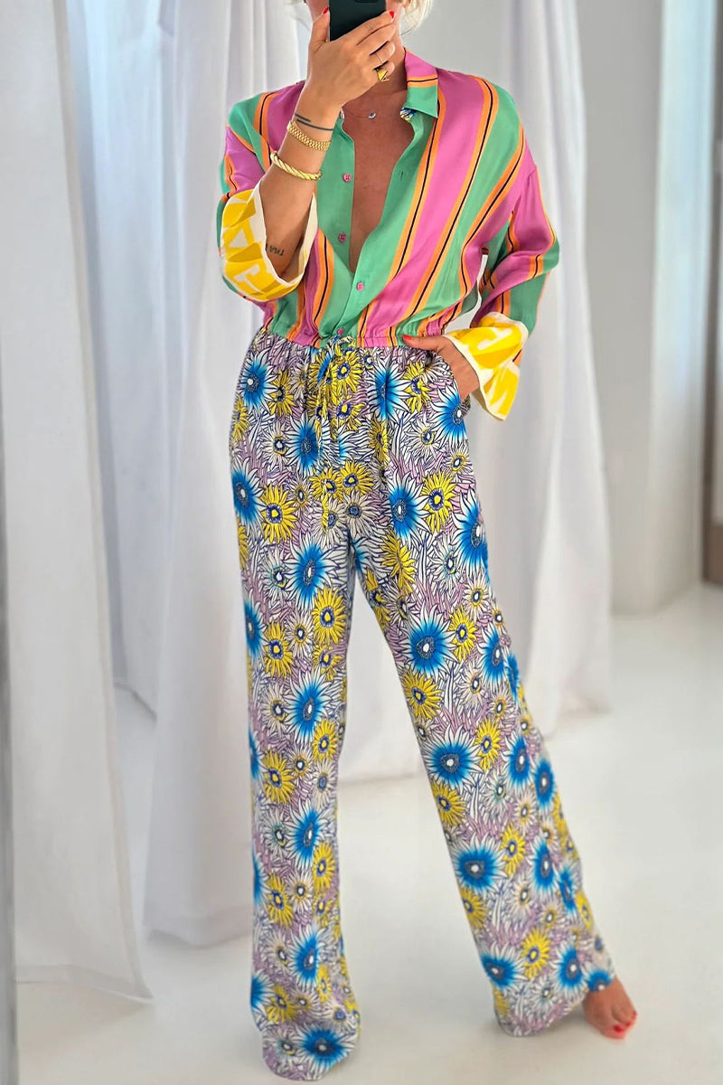 Cleo® | Casual street overalls with striped print, flowers, pocket, lace-up, buttons, turn-down collar, loose overalls