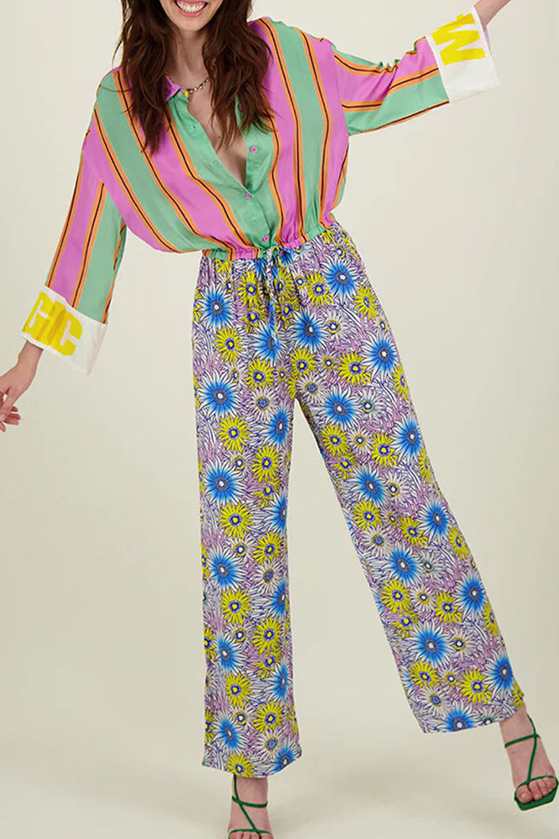 Cleo® | Casual street overalls with striped print, flowers, pocket, lace-up, buttons, turn-down collar, loose overalls