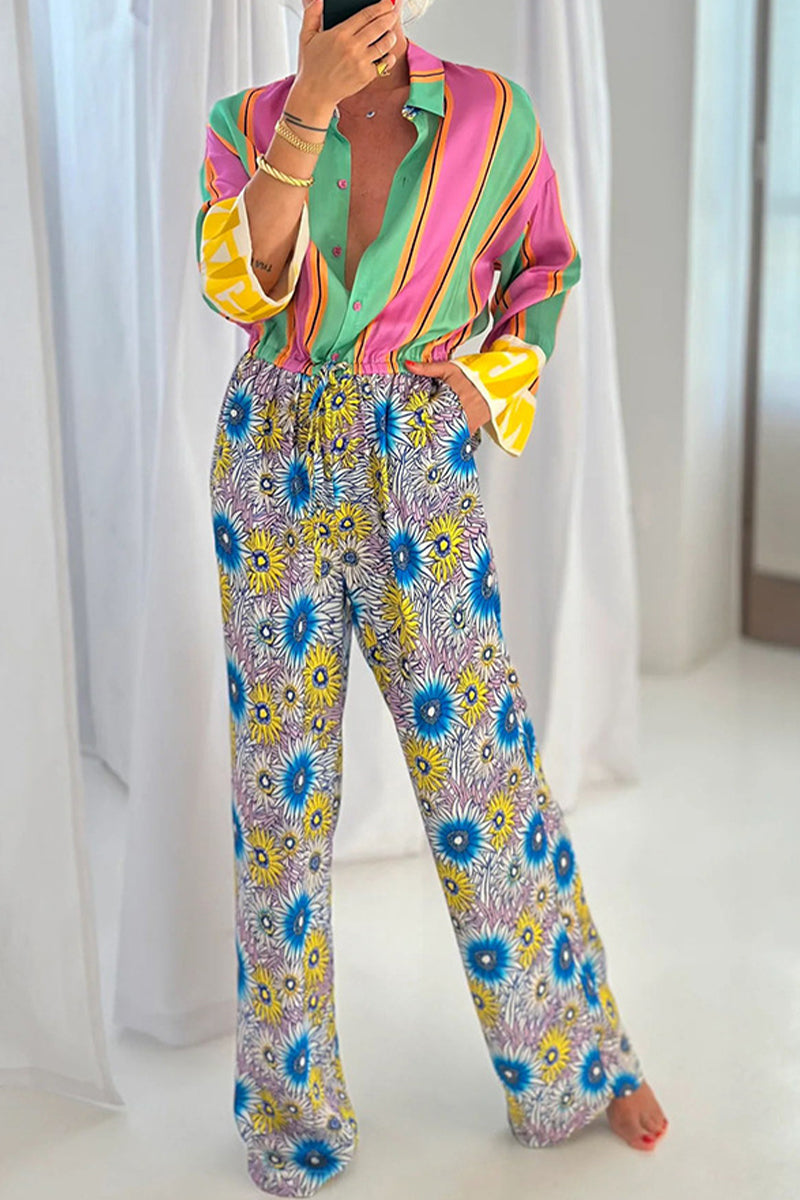 Cleo® | Casual street overalls with striped print, flowers, pocket, lace-up, buttons, turn-down collar, loose overalls