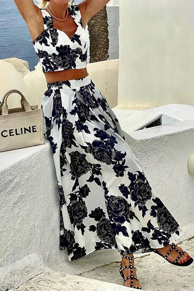 Eira® | Casual holiday floral print, patchwork, V-neck, sleeveless, two piece