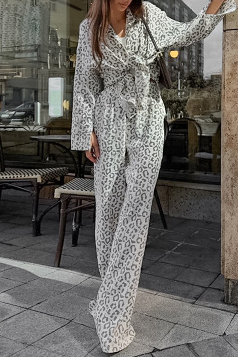 Carlota® | Casual street patchwork leopard print turn-down collar long sleeve two piece