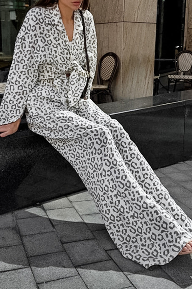 Carlota® | Casual street patchwork leopard print turn-down collar long sleeve two piece