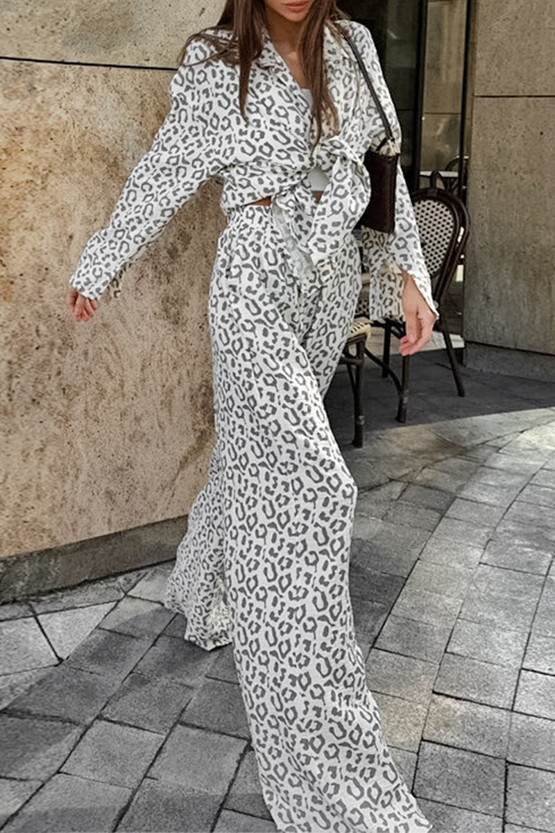Carlota® | Casual street patchwork leopard print turn-down collar long sleeve two piece
