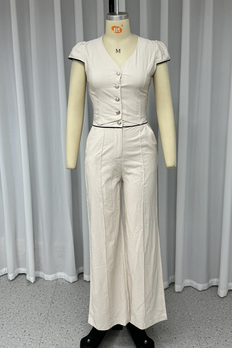 Carla® | Casual solid color pocket buttons V-neck short sleeve two-piece suit