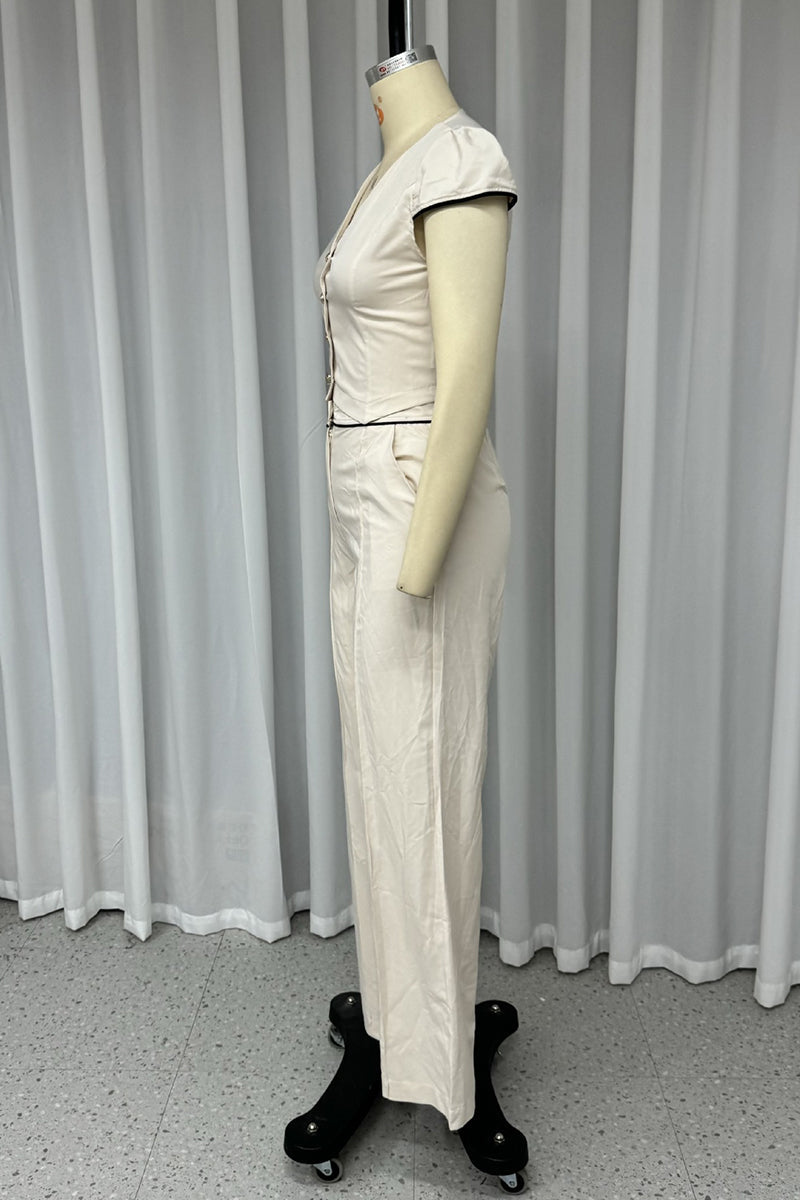 Carla® | Casual solid color pocket buttons V-neck short sleeve two-piece suit