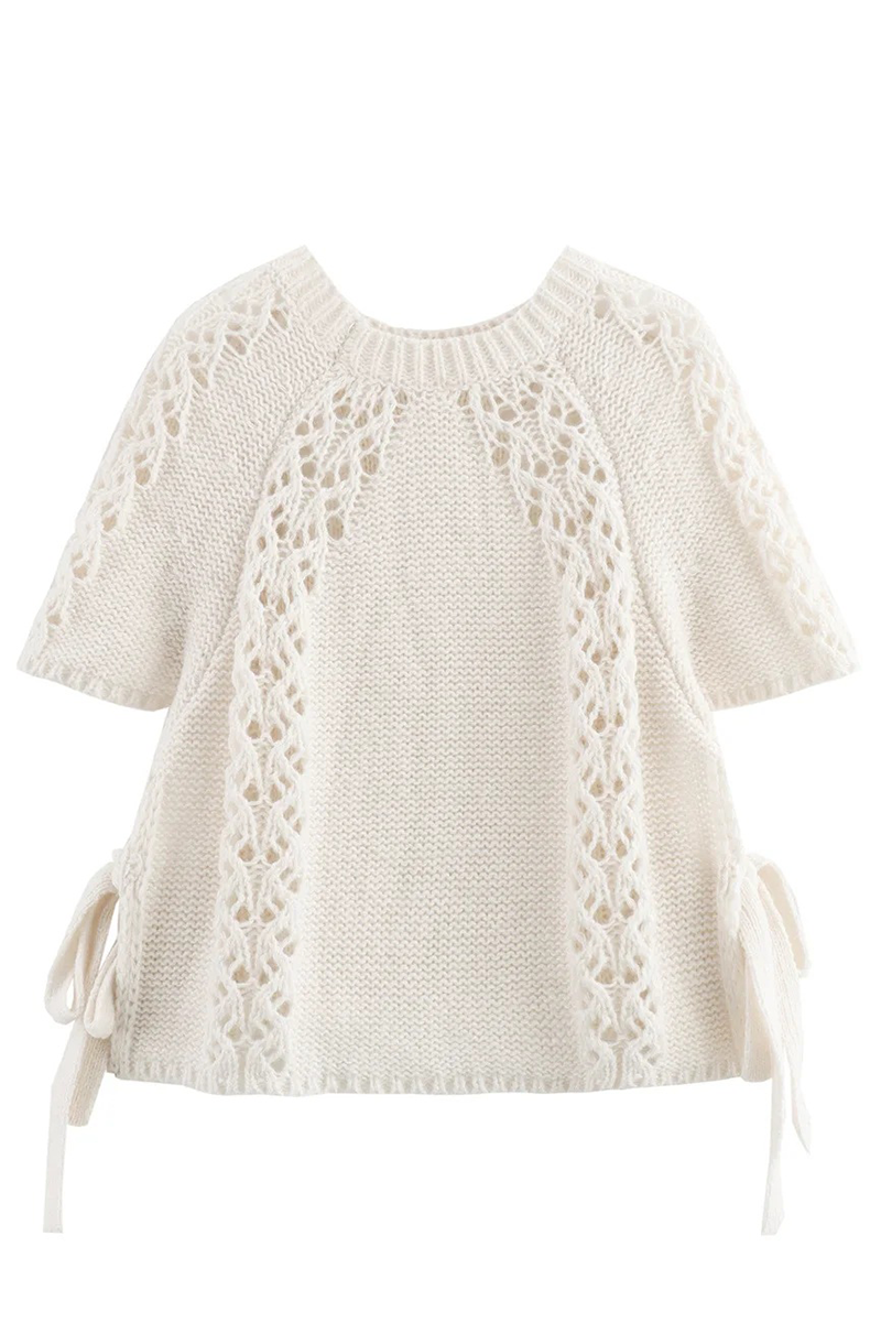 Catalina® | Casual solid color hollow out drawstring woven O-neck sweaters