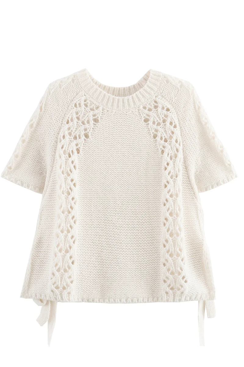 Catalina® | Casual solid color hollow out drawstring woven O-neck sweaters