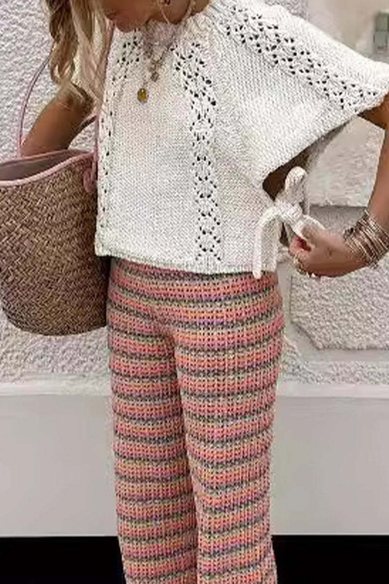 Catalina® | Casual solid color hollow out drawstring woven O-neck sweaters