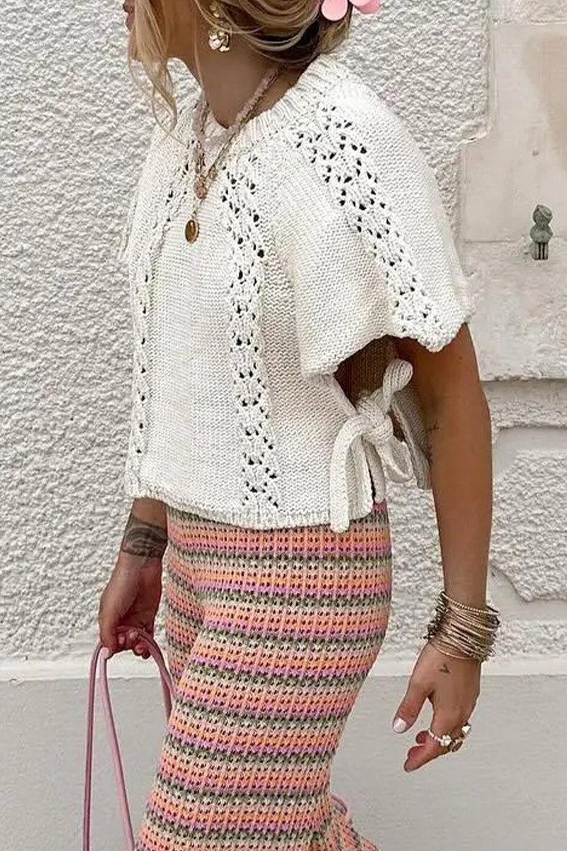 Catalina® | Casual solid color hollow out drawstring woven O-neck sweaters