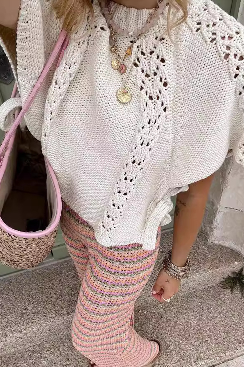 Catalina® | Casual solid color hollow out drawstring woven O-neck sweaters
